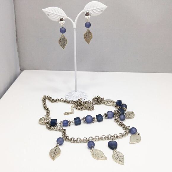 Robert Rose Blue Silver Leaf Necklace & Earrings Set, 21 Inches, 1 3/4 Inches - Picture 4 of 8